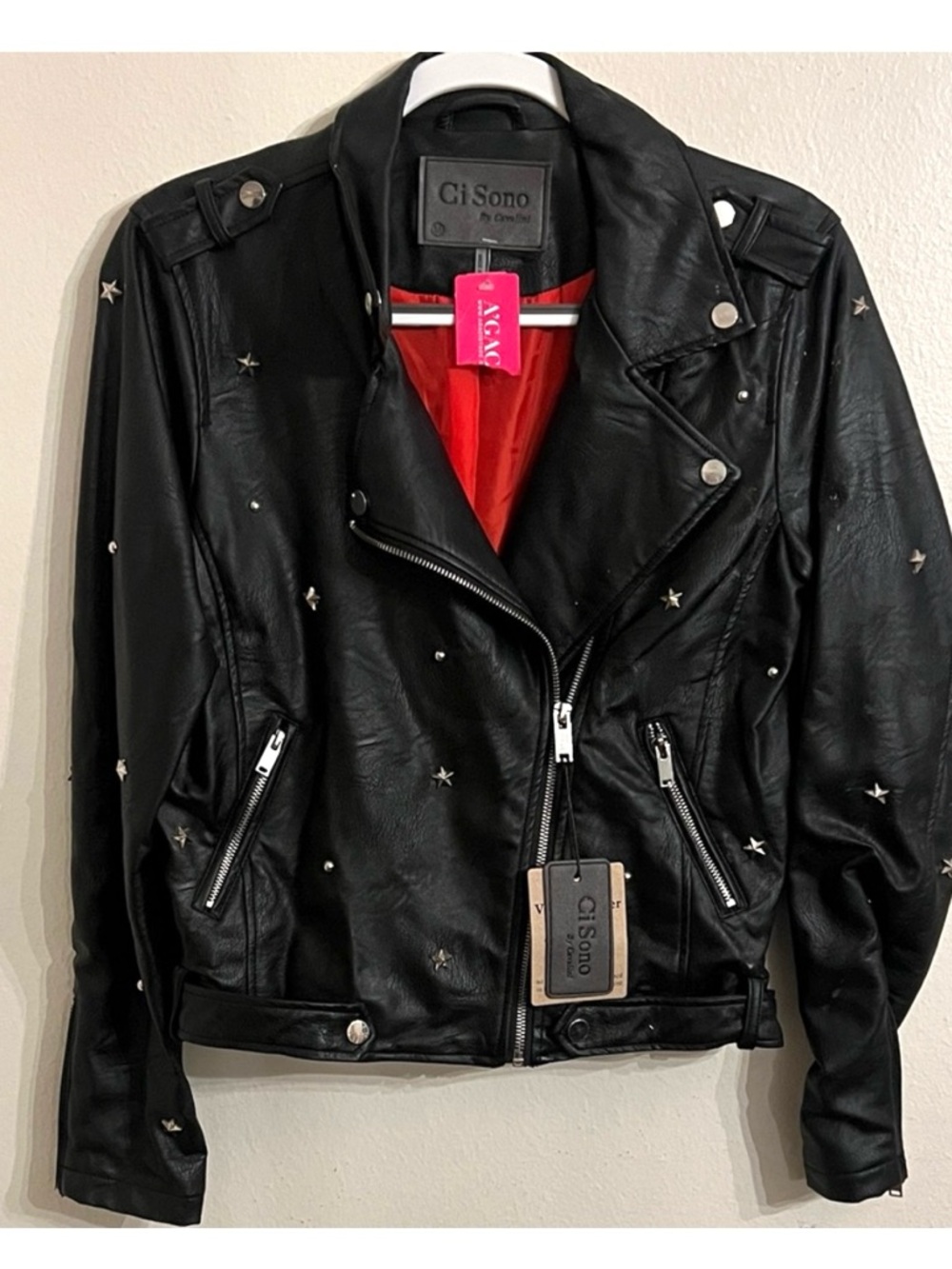 Ci Sono Black Faux Leather Moto Jacket with Silver Star Stud Accents Medium NWT